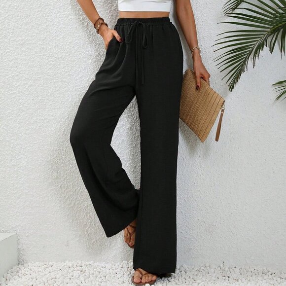 Black Casual Women's Drawstring Waist Wide Leg Pants - Picture 1 of 6